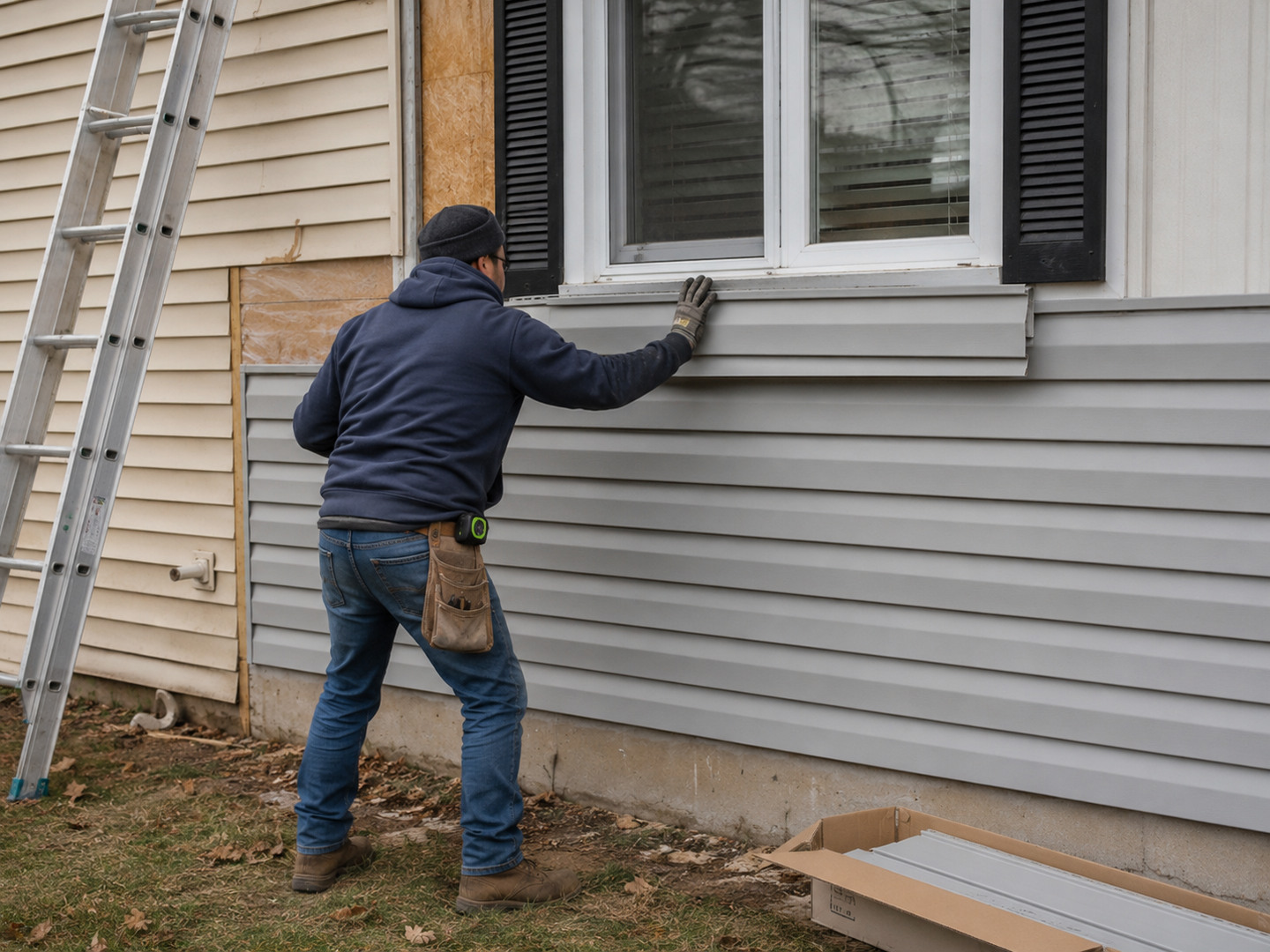 Worker installing siding panels on a house exterior
