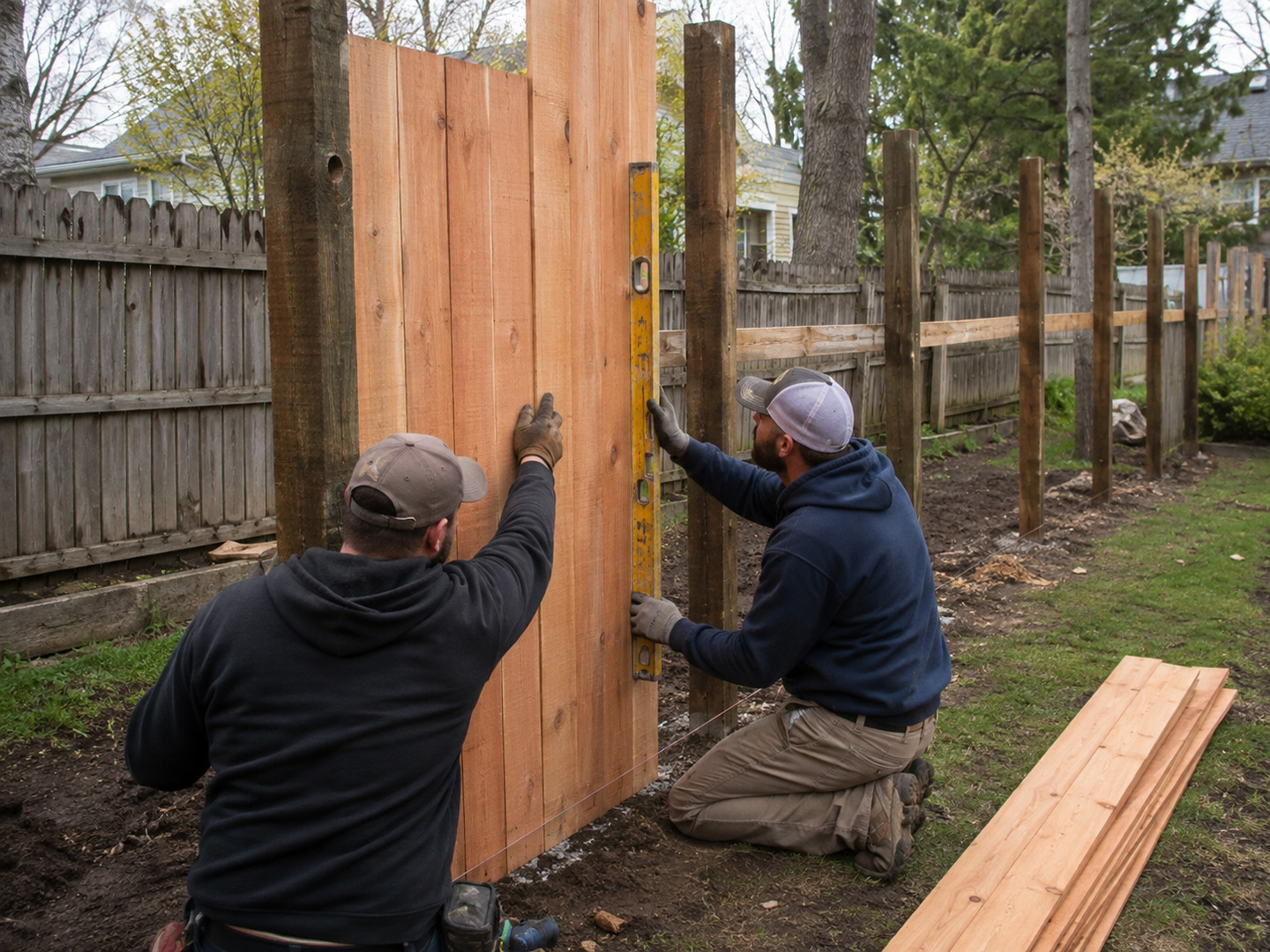 New wooden privacy fence along a backyard
