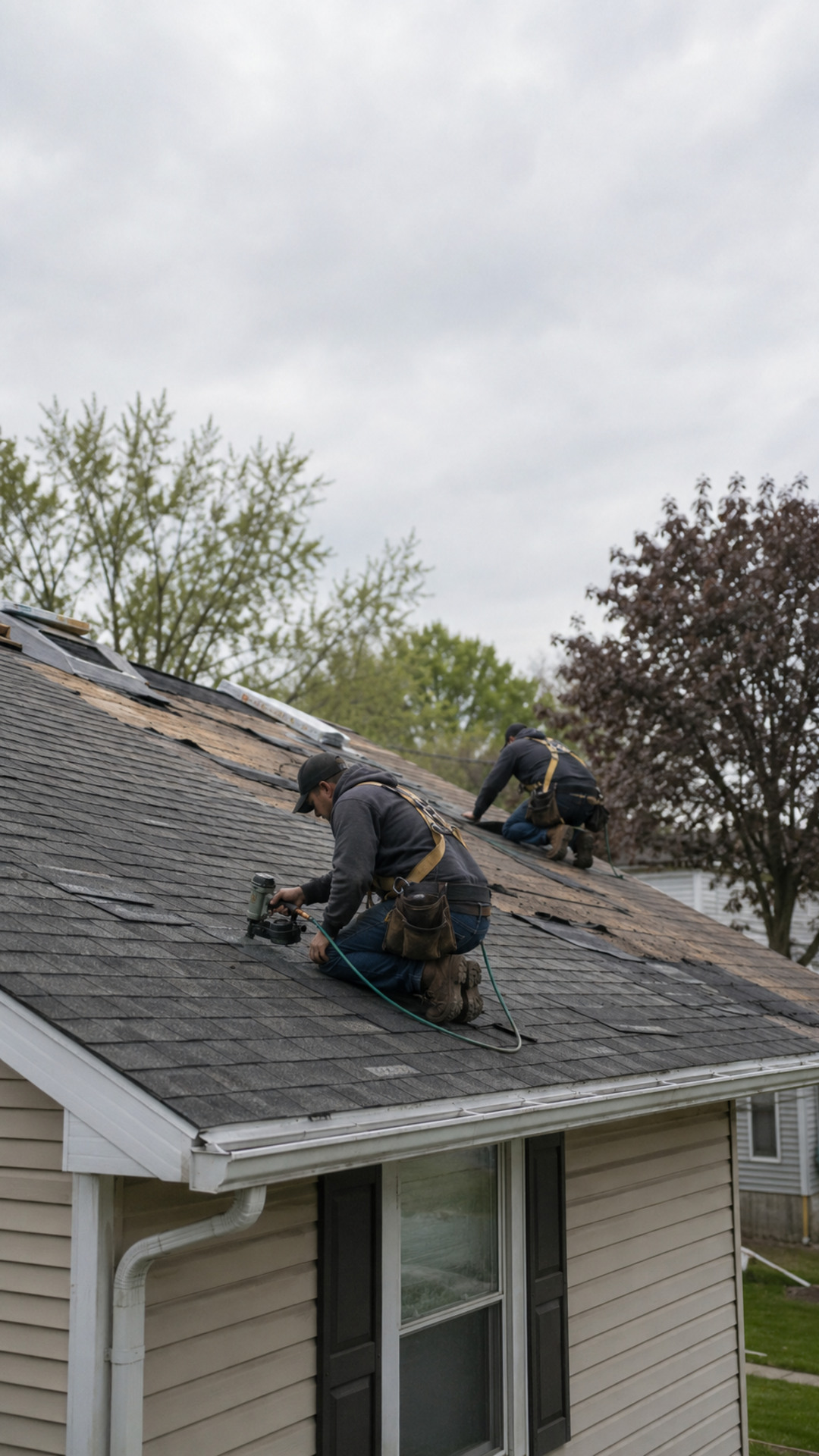 Roofing crew installing shingles on a residential roof